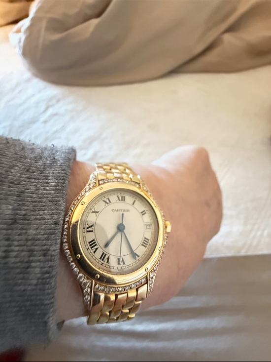 Cartier Jewelry - Cartier 18 karat Gold Cougar Watch with White Dial, Blue Hands and diamonds.